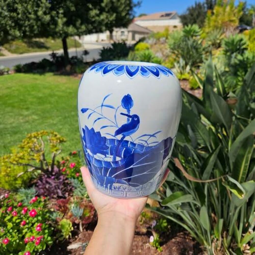 Blue and White Ceramic Ginger Jar with Bird and Lotus Motif